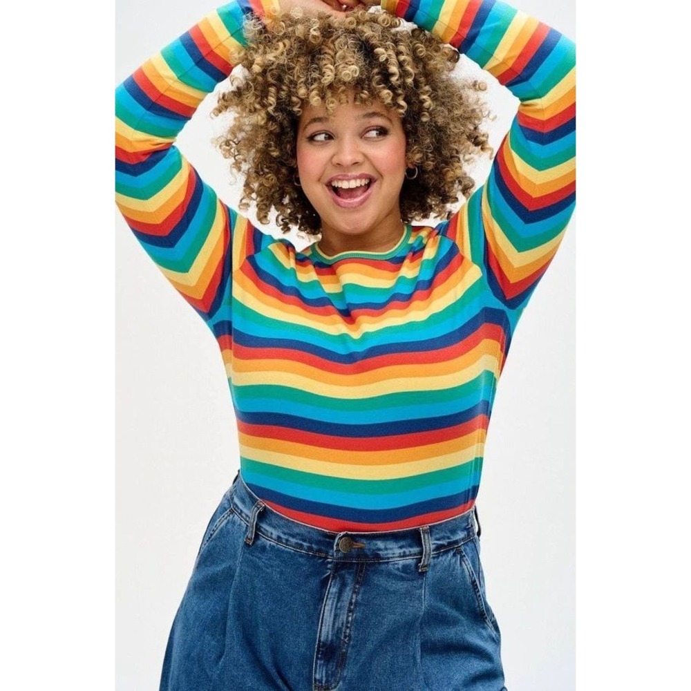 Lucy And Yak Rey Organic Cotton Jersey Long Sleeve Striped Tee In Rainbow Sz XL